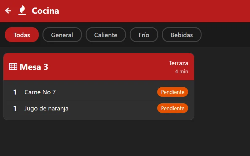 Pantalla de cocina con las estaciones caliente, frío y bebidas, y la comanda de la mesa 3 con sus platos pendientes y el tiempo transcurrido